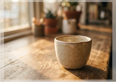 An empty ceramic cup on a wooden surface, waiting to be filled
